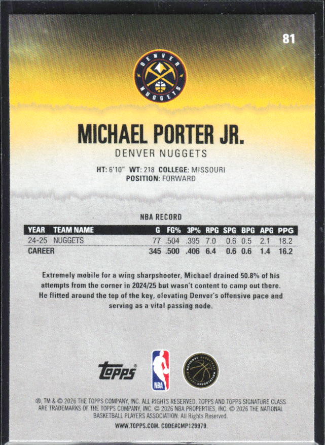 Michael Porter Jr. 2025-26 Signature Class #81 – baksida