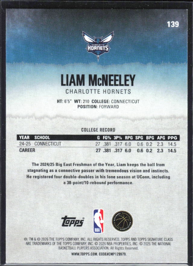 Liam McNeeley 2025-26 Signature Class RC #139 – baksida