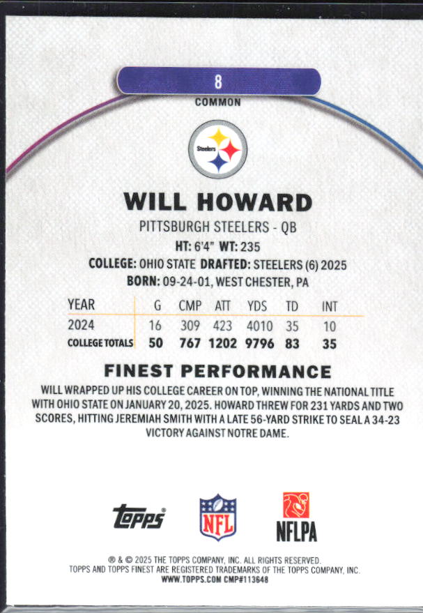 Will Howard 2025 Finest Common RC #8 – baksida