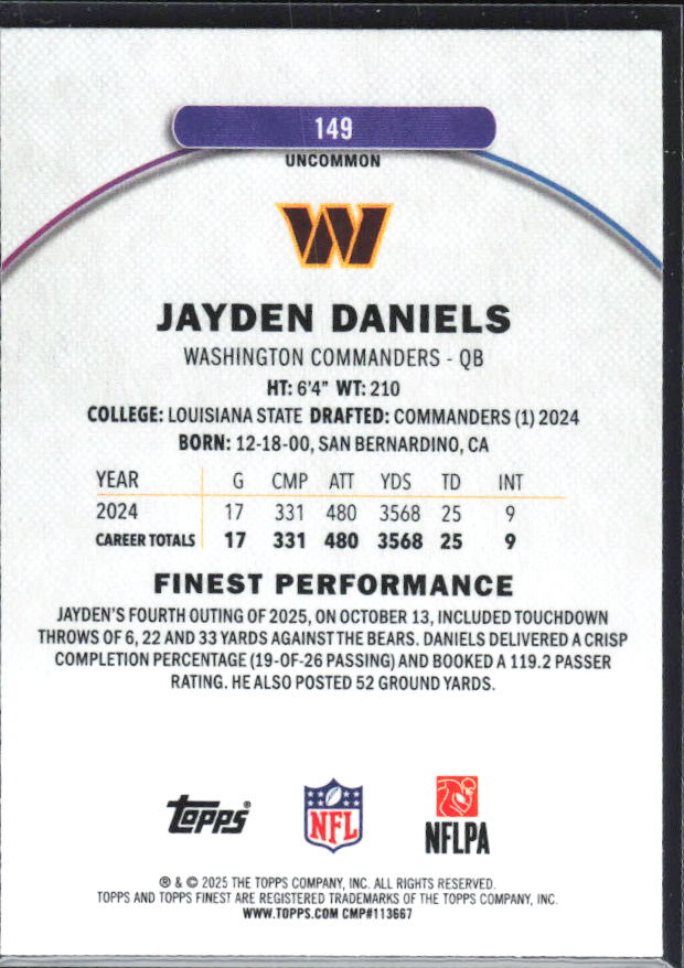 Jayden Daniels 2025 Finest Uncommon #149 – baksida
