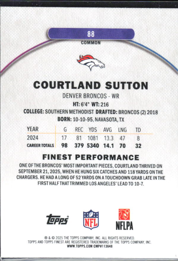 Courtland Sutton 2025 Finest Common #88 – baksida