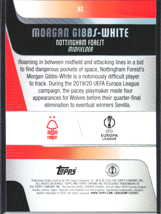 Morgan Gibbs-White 2025-26 Chrome UEFA #53 – baksida