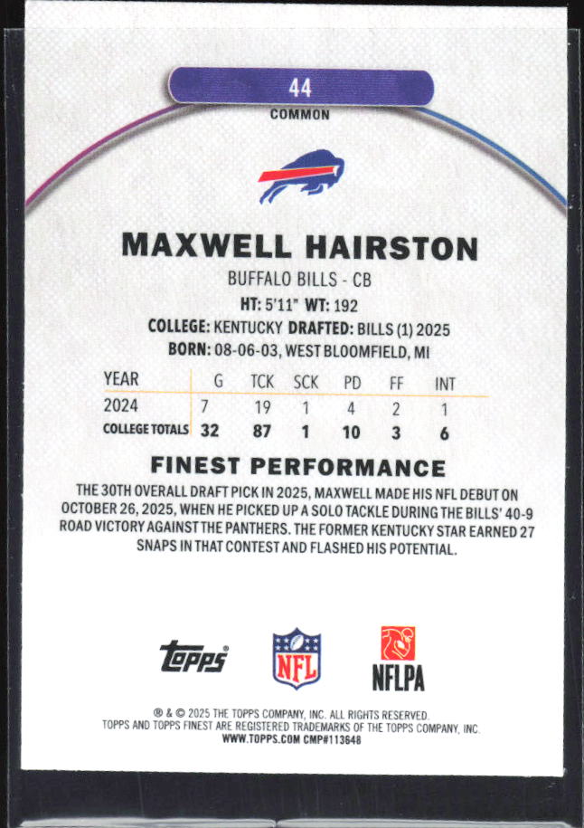 Maxwell Hairston 2025 Finest Common RC #44 – baksida