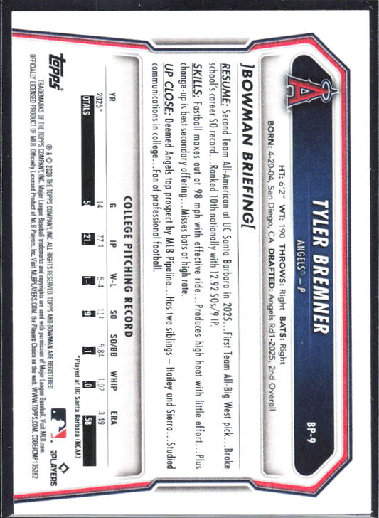 Tyler Bremner 2026 Bowman Prospects #BP-9 – baksida