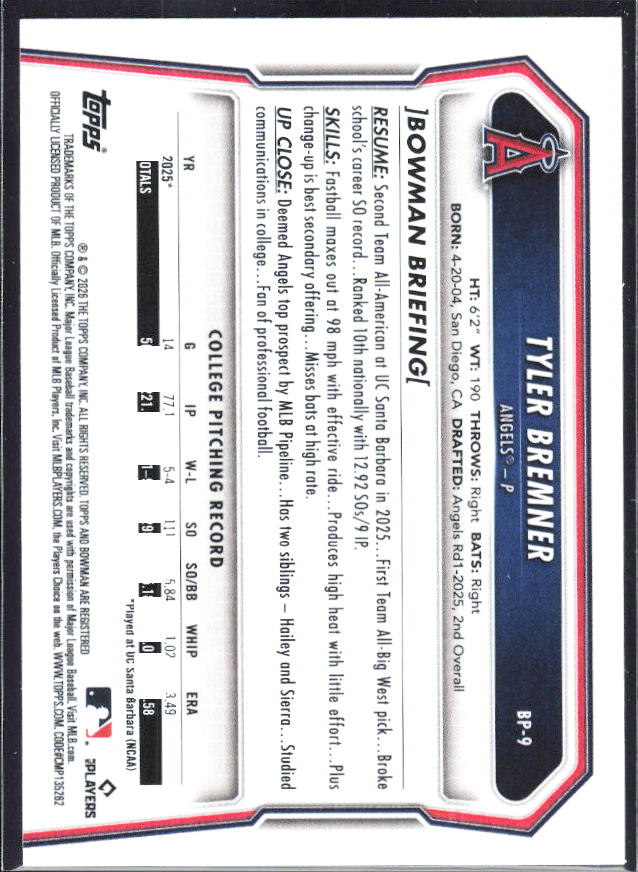 Tyler Bremner 2026 Bowman Prospects #BP-9 – baksida