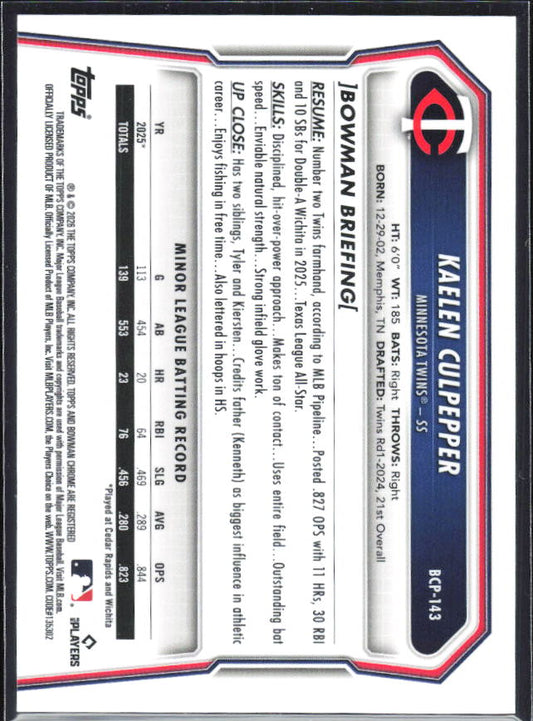 Kaelen Culpepper 2026 Bowman Chrome Prospects #BCP-143 – baksida