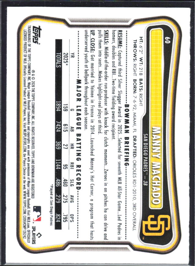 Manny Machado 2026 Bowman #60 – baksida