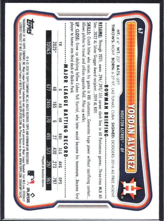 Yordan Alvarez 2026 Bowman #67 – baksida
