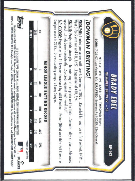Brady Ebel 2026 Bowman Prospects #BP-142 – baksida