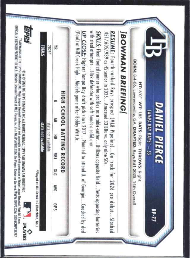 Daniel Pierce 2026 Bowman 1st Prospects #BP-77 – baksida