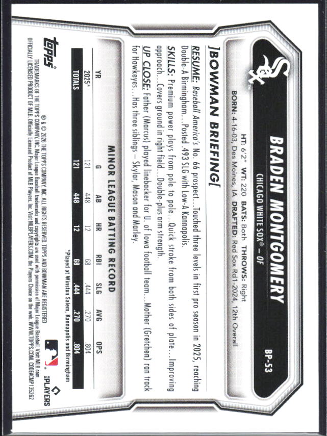 Braden Montgomery 2026 Bowman Prospects #BP-53 – baksida
