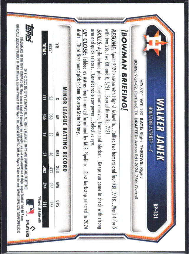Walker Janek 2026 Bowman Prospects #BP-131 – baksida