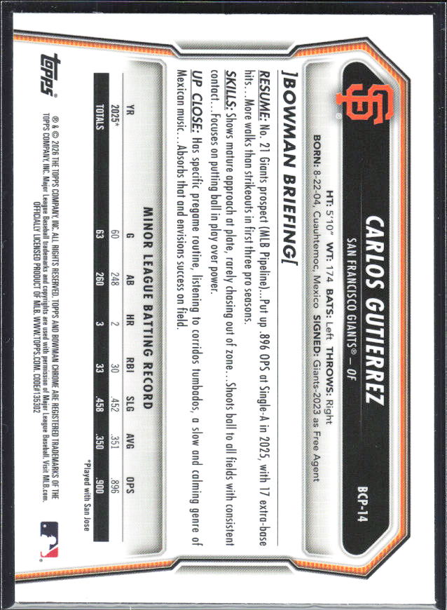 Carlos Gutierrez 2026 Bowman 1st Chrome Prospects #BCP-14 – baksida