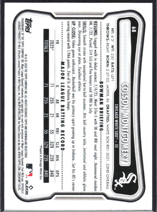 Colson Montgomery 2026 Bowman RC #68 – baksida
