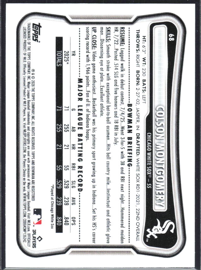 Colson Montgomery 2026 Bowman RC #68 – baksida
