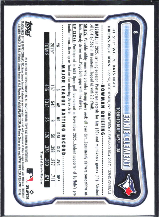 Ernie Clement 2026 Bowman #8 – baksida