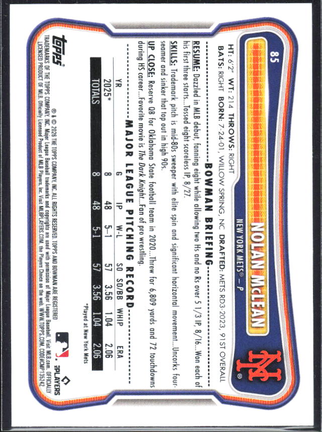 Nolan McLean 2026 Bowman RC #85 – baksida