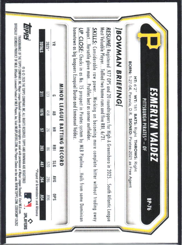 Esmerlyn Valdez 2026 Bowman Prospects #BP-76 – baksida