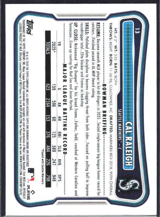 Cal Raleigh 2026 Bowman #13 – baksida