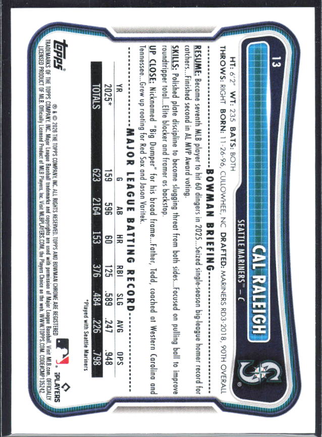 Cal Raleigh 2026 Bowman #13 – baksida