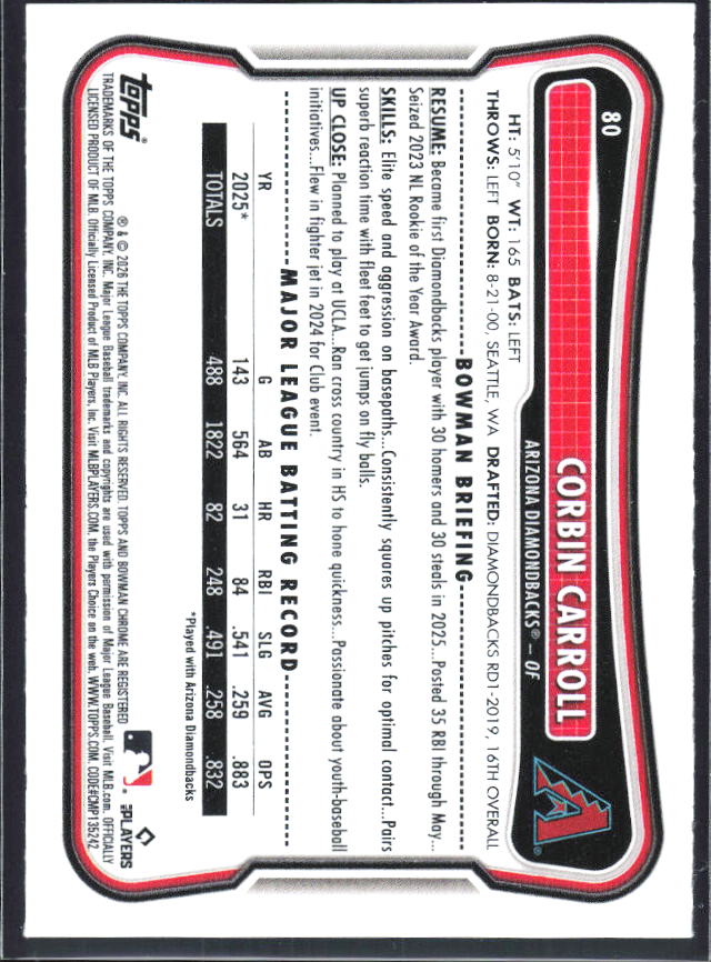 Corbin Carroll 2026 Bowman #80 – baksida