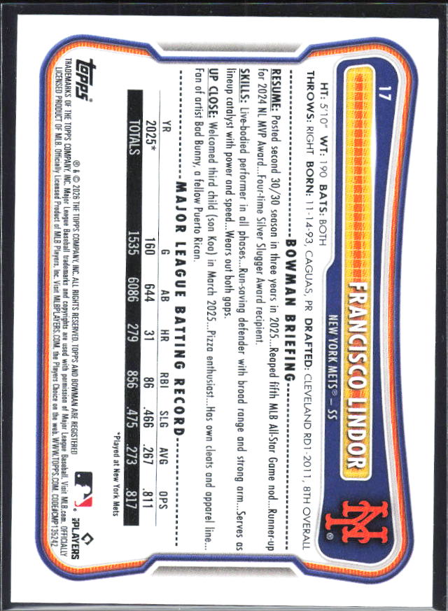 Francisco Lindor 2026 Bowman #17 – baksida