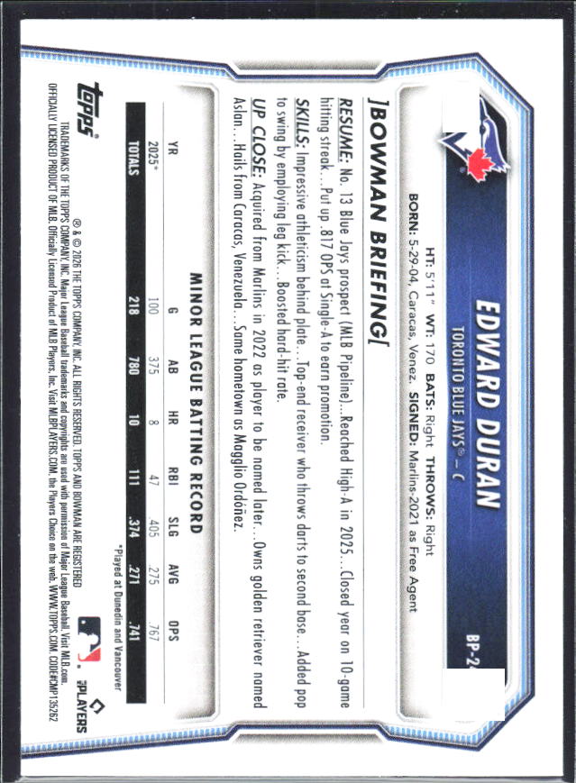Edward Duran 2026 Bowman 1st Prospects #BP-24 – baksida