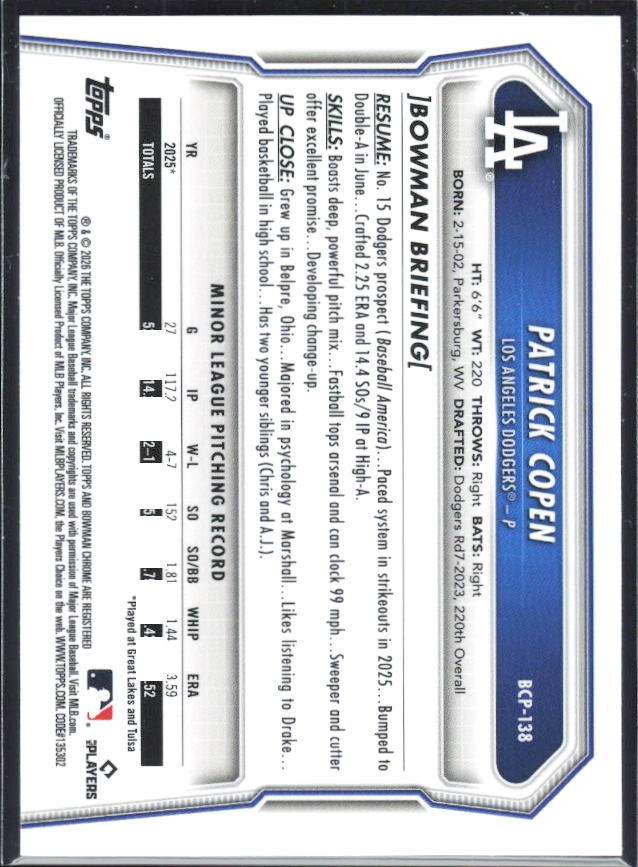 Patrick Copen 2026 Bowman 1st Chrome Prospects #BCP-138 – baksida