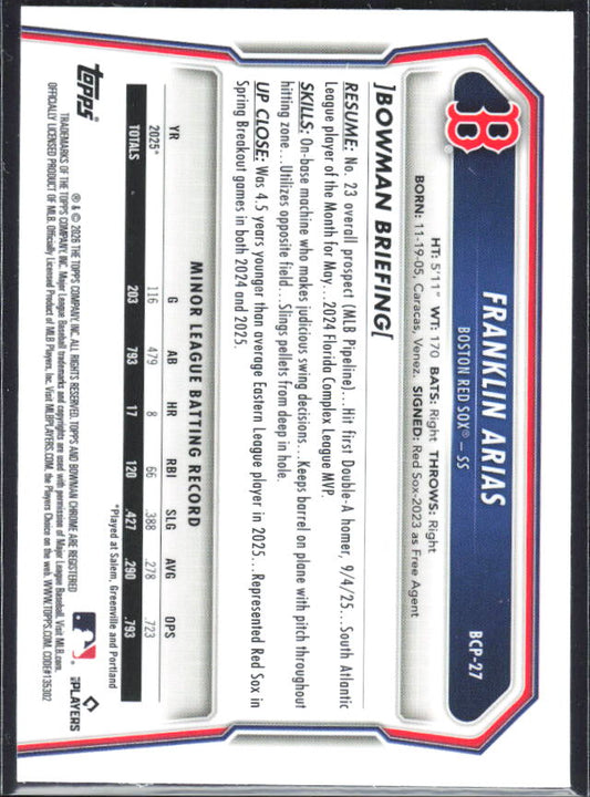 Franklin Arias 2026 Bowman Chrome Prospects #BCP-27 – baksida