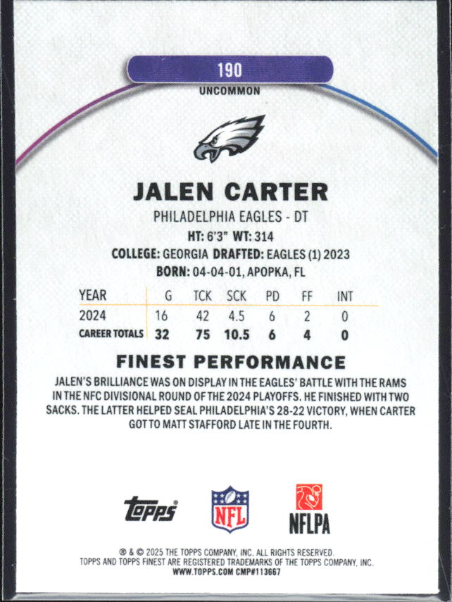 Jalen Carter 2025 Finest Uncommon #190 – baksida