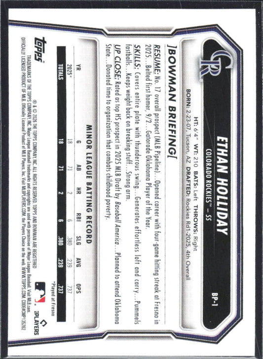 Ethan Holliday 2026 Bowman 1st Prospects #BP-1 – baksida