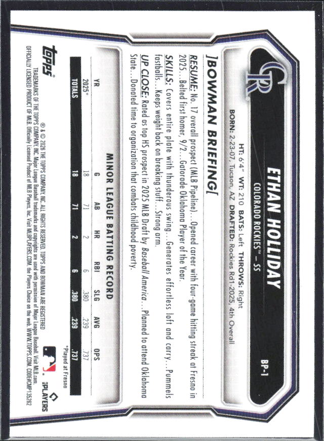 Ethan Holliday 2026 Bowman 1st Prospects #BP-1 – baksida