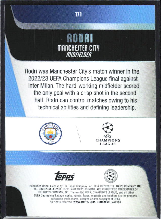 Rodri 2025-26 Chrome UEFA #171 – baksida