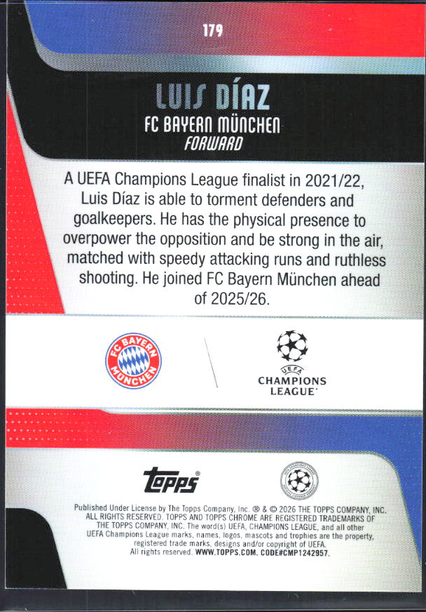 Luis Díaz 2025-26 Chrome UEFA #179 – baksida