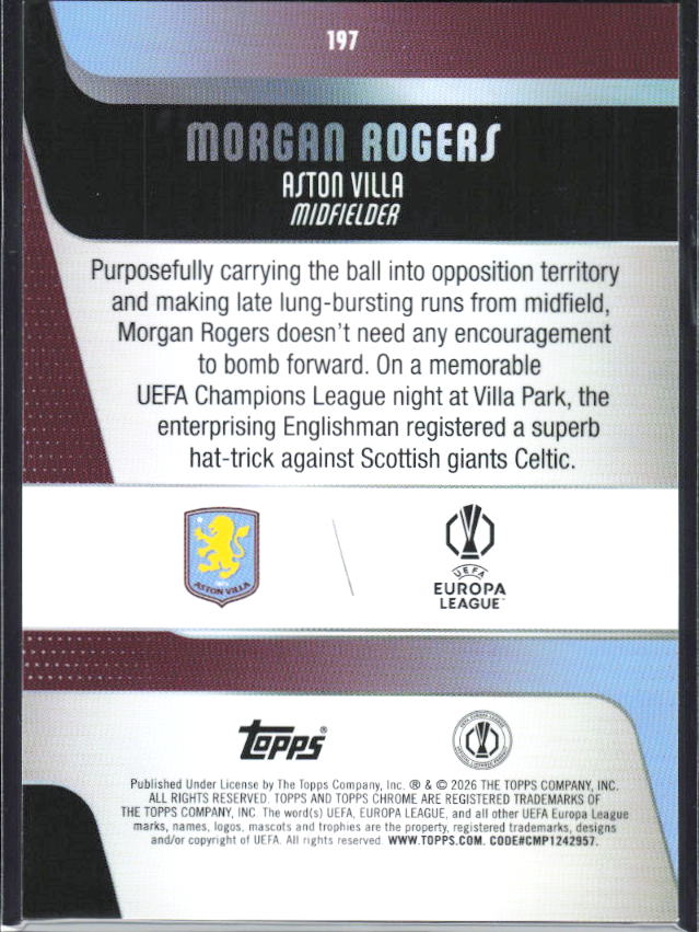 Morgan Rogers 2025-26 Chrome UEFA #197 – baksida