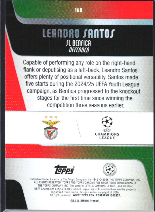 Leandro Santos 2025-26 Chrome UEFA RC #160 – baksida