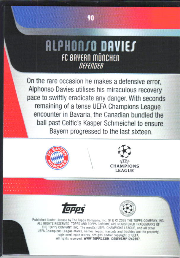 Alphonso Davies 2025-26 Chrome UEFA #90 – baksida