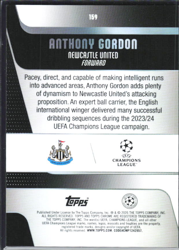 Anthony Gordon 2025-26 Chrome UEFA #159 – baksida
