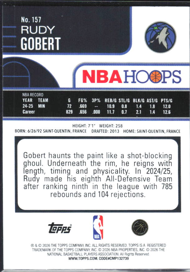 Rudy Gobert 2025-26 NBA Hoops #157 – baksida