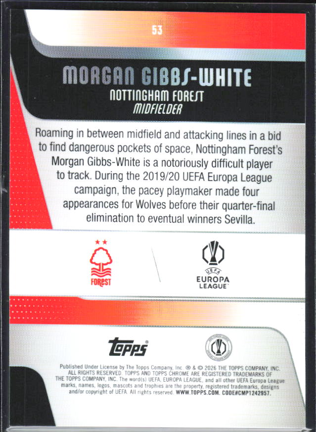Morgan Gibbs-White 2025-26 Chrome UEFA #53 – baksida
