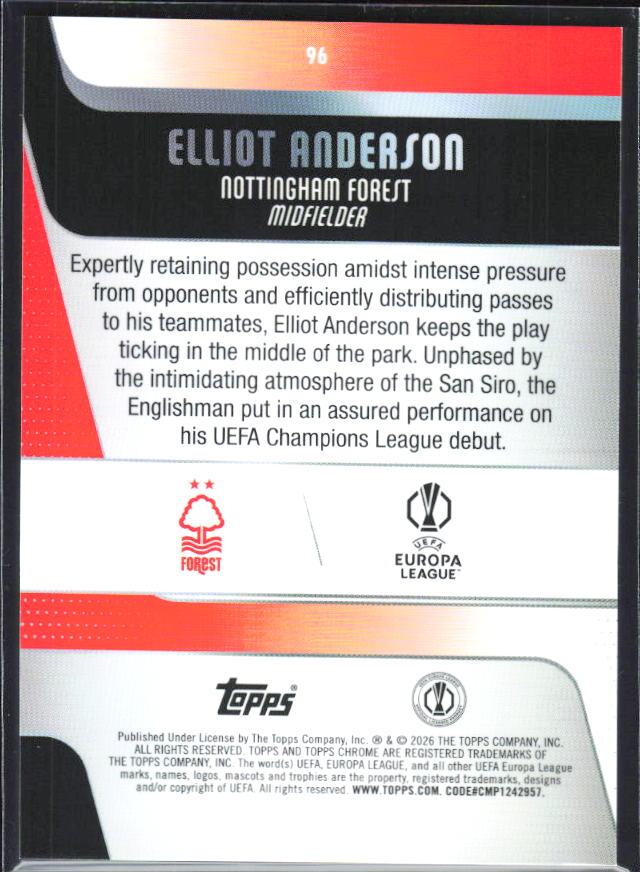Elliot Anderson 2025-26 Chrome UEFA #96 – baksida
