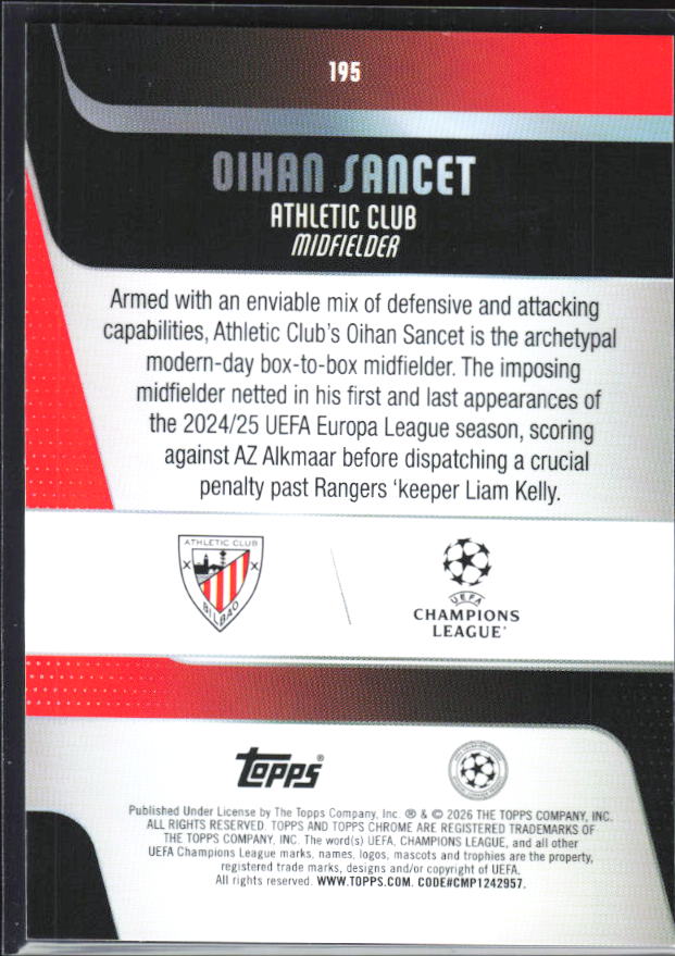 Oihan Sancet 2025-26 Chrome UEFA #195 – baksida