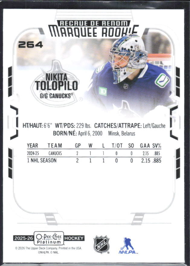 Nikita Tolopilo 2025-26 O-Pee-Chee Platinum Marquee Rookie #264 – baksida