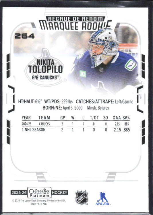 Nikita Tolopilo 2025-26 O-Pee-Chee Platinum Marquee Rookie #264 – baksida