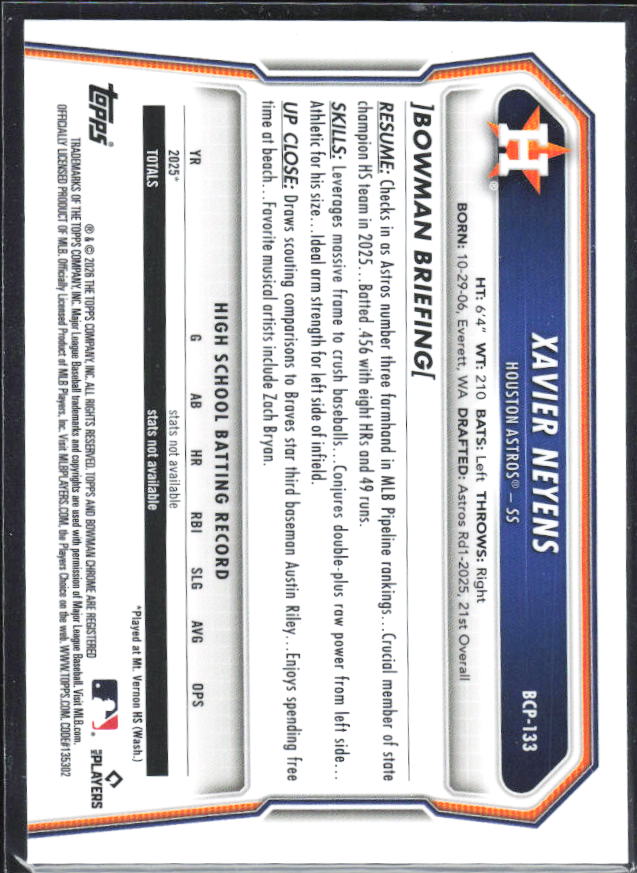 Xavier Neyens 2026 Bowman Chrome Prospects #BCP-133 – baksida