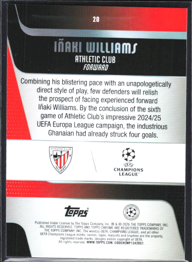 Iñaki Williams 2025-26 Chrome UEFA #20 – baksida