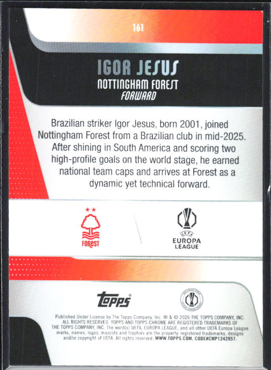 Igor Jesus 2025-26 Chrome UEFA RC #161 – baksida