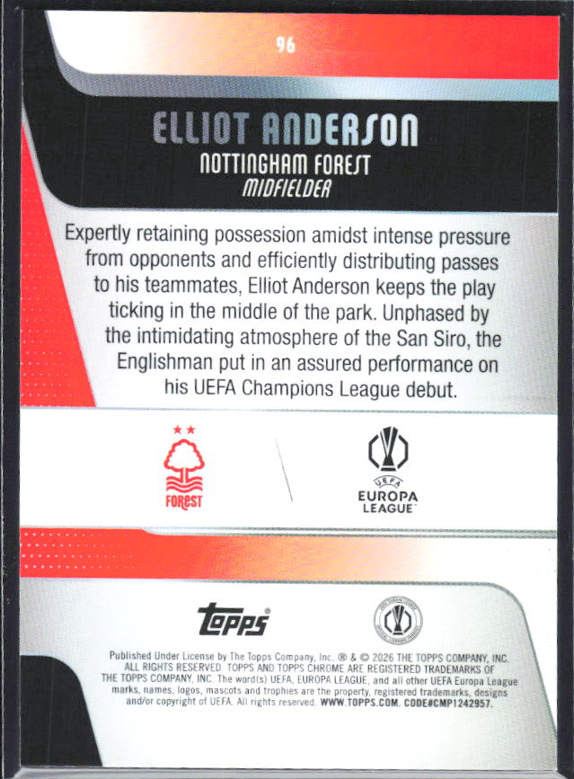 Elliot Anderson 2025-26 Chrome UEFA #96 – baksida