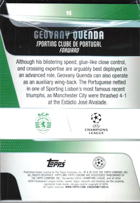 Geovany Quenda 2025-26 Chrome UEFA Future Stars #95 – baksida