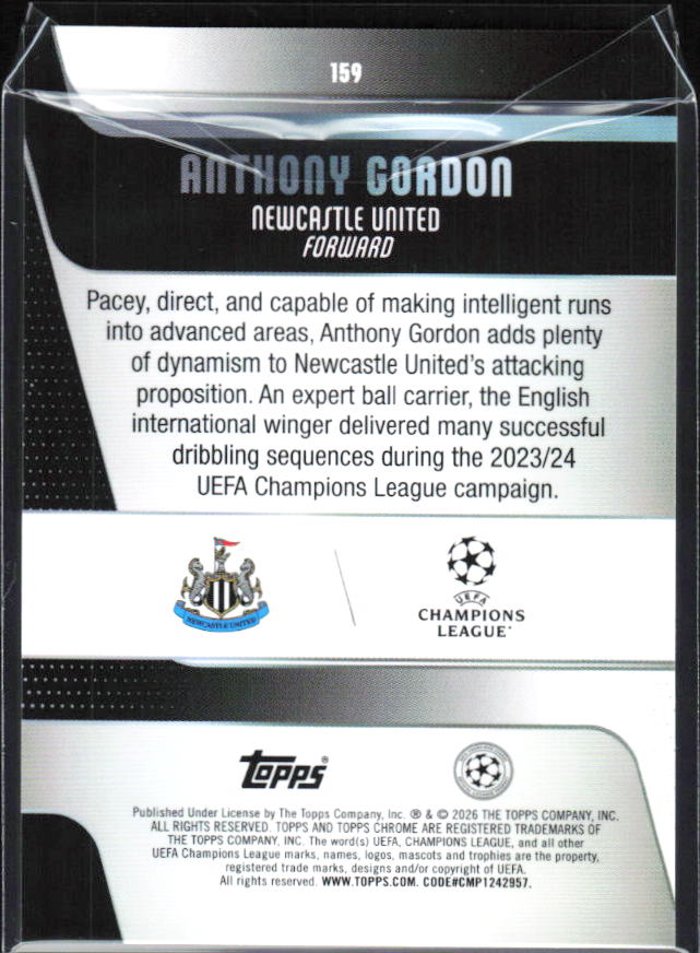 Anthony Gordon 2025-26 Chrome UEFA #159 – baksida
